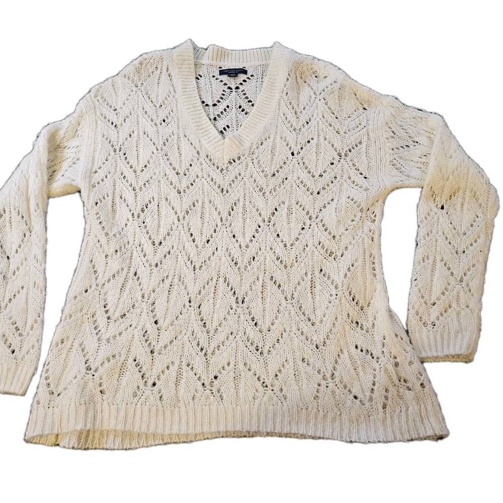 American Eagle Jegging Fit Open Knit V-Neck Ivory Cozy Sweater Women SZ S Casual